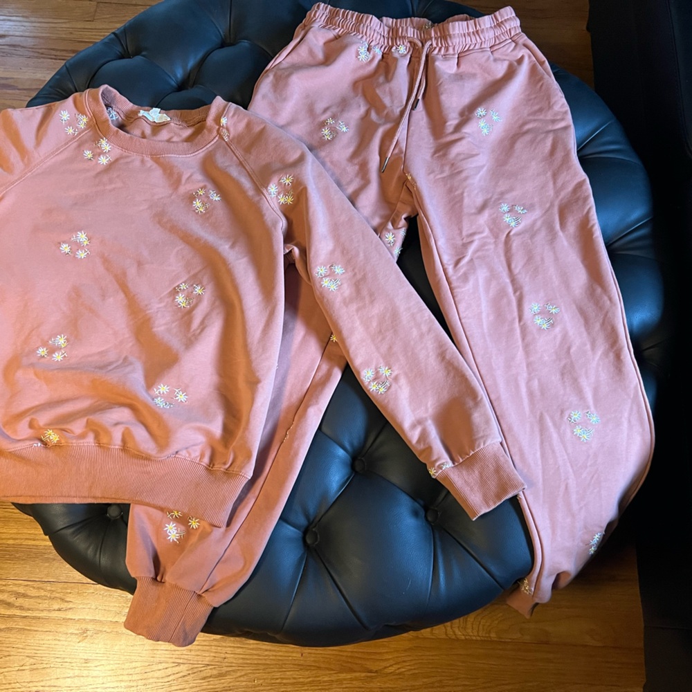 Solitaire medium, peachy colored, flower embroidered sweat pants/sweatshirt set.